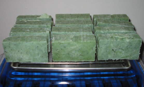 Steph's Peppermint Buzz Soap curing on a tray